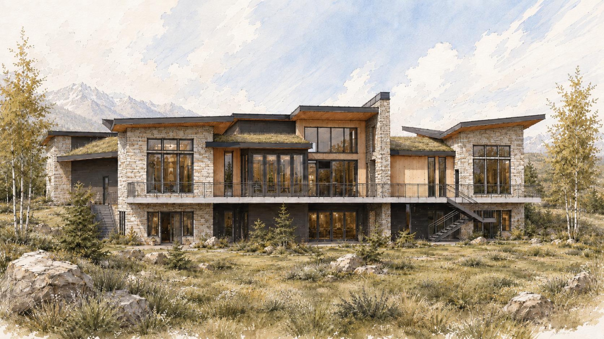 A Vale residence rendered in watercolor, mountain backdrop